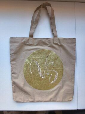 ​Victoria's Secret Tan Canvas Gold Glitter Rhinestone VS Logo Tote Bag